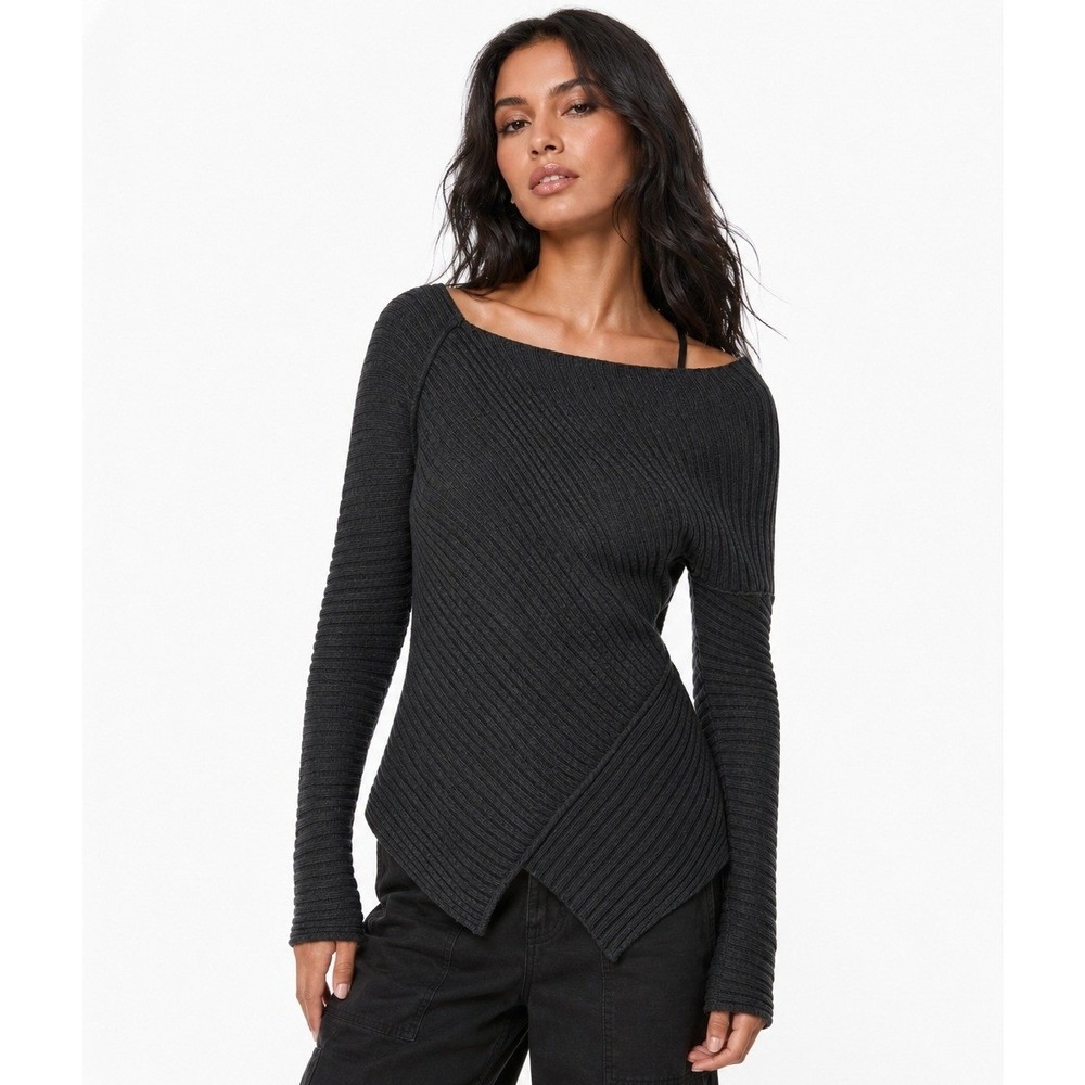 Free People Love and Harmony Ribbed Wool Blend Asymmetrical Boat Neck Sweater S